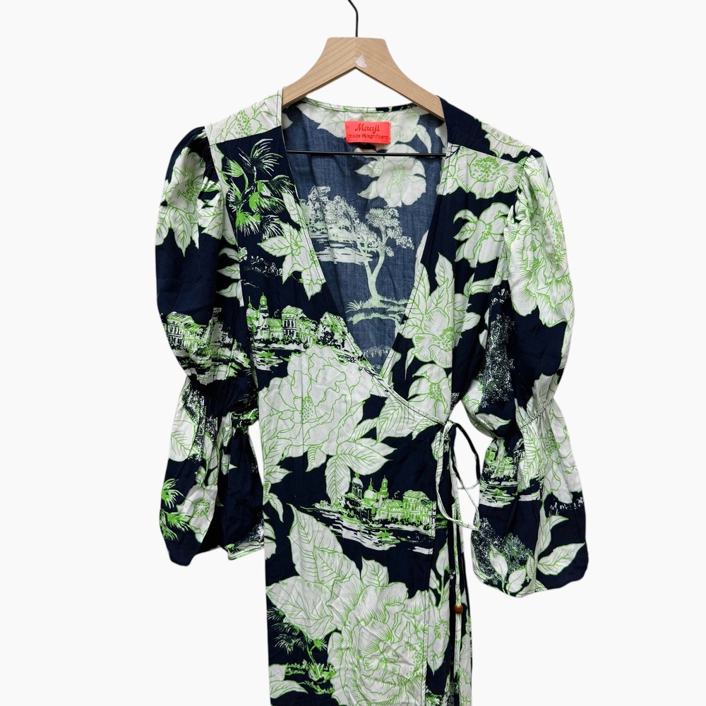Maaji Floral Print Kimono Maxi Dress Wrap Belted‎ Bell Sleeves Green Size Medium - Picture 4 of 9